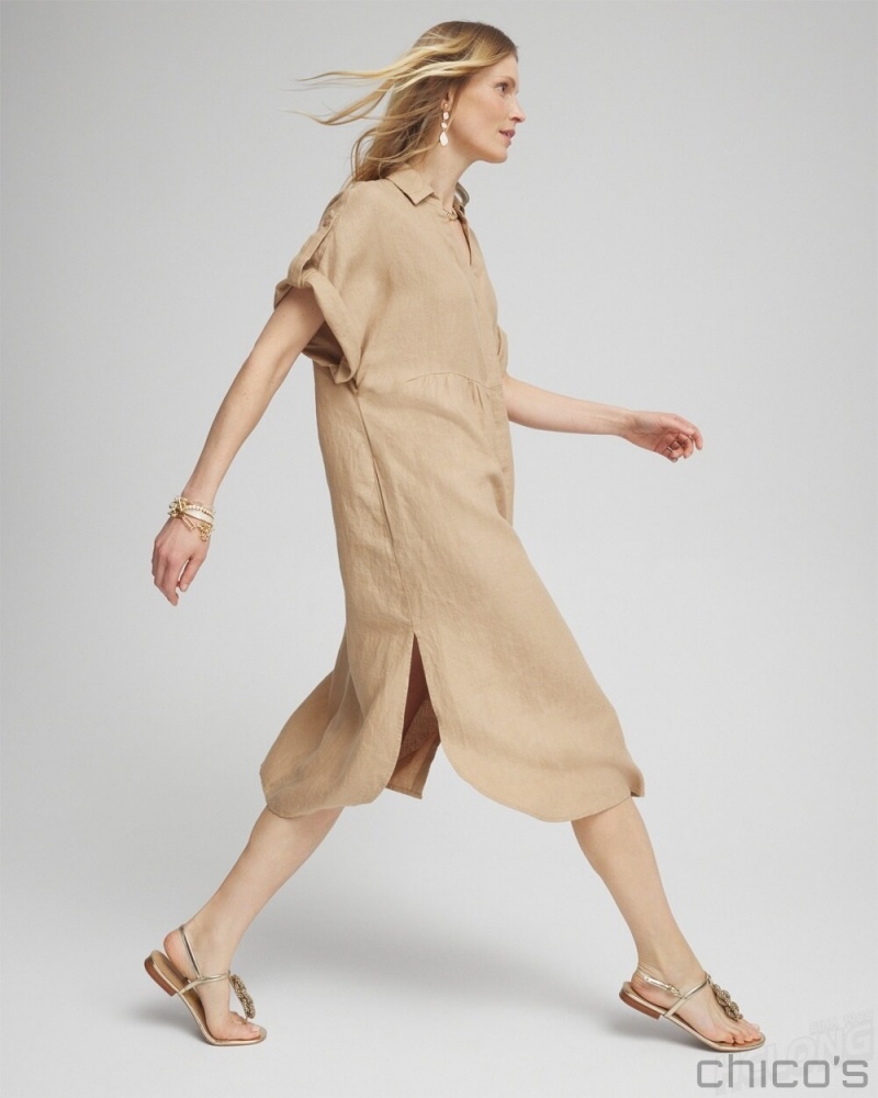 Chico's Linen Roll Tab Dolman Midi Dress Dresses Sycamore | 951-KLXOWV