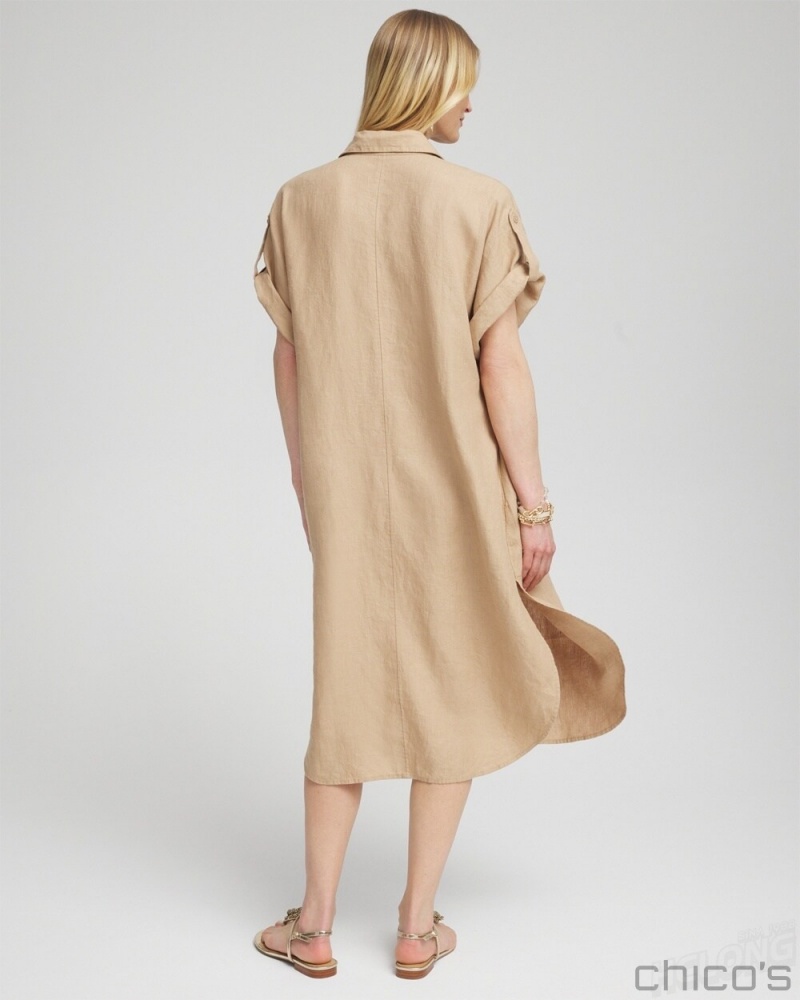 Chico's Linen Roll Tab Dolman Midi Dress Dresses Sycamore | 951-KLXOWV