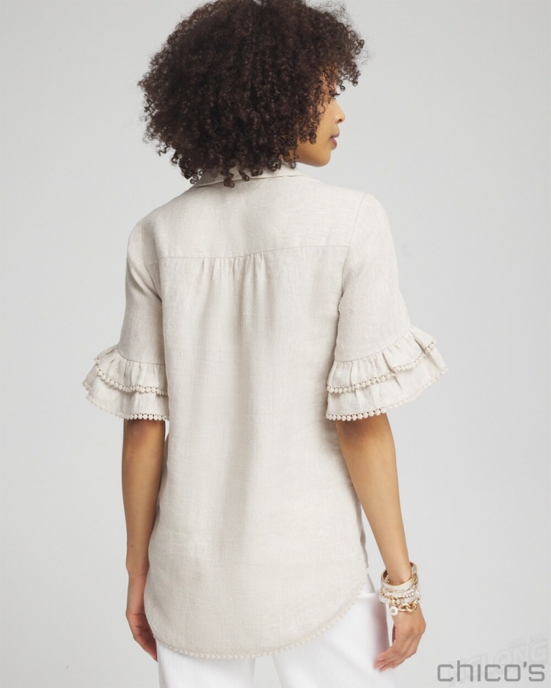 Chico's Linen Ruffle Sleeve Blouse Blouses & Shirts Alabaster | 896-PDBHQF