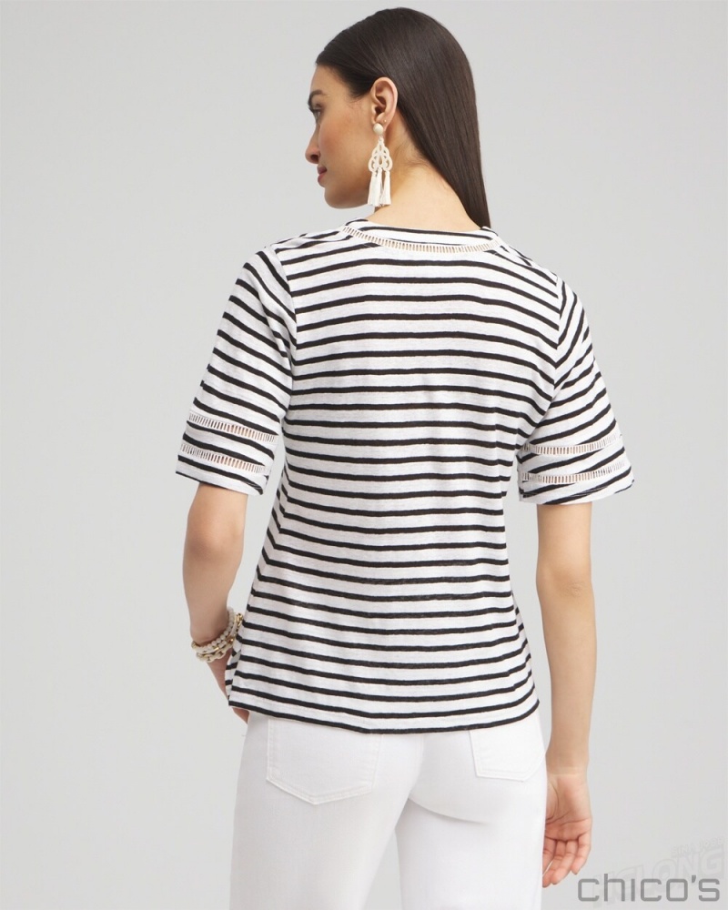 Chico's Linen Stripe Ladder Lace Tee Tees & Tanks Alabaster | 957-NGDJRZ