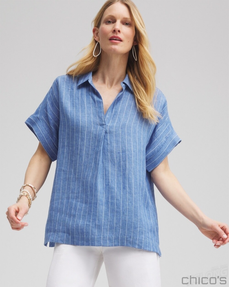 Chico's Linen Stripe Popover Top Blouses & Shirts Blue | 931-XKRIQV