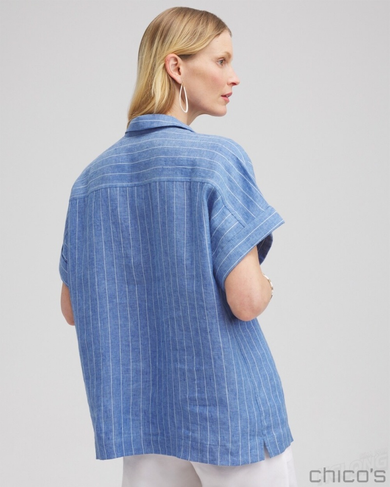 Chico's Linen Stripe Popover Top Blouses & Shirts Blue | 931-XKRIQV