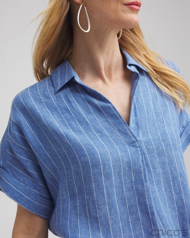 Chico's Linen Stripe Popover Top Blouses & Shirts Blue | 931-XKRIQV