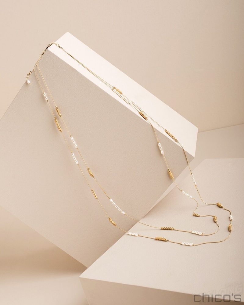 Chico's Long Faux-Pearl and Goldtone Double-Strand Necklace Necklaces Gold | 796-HLNDTR