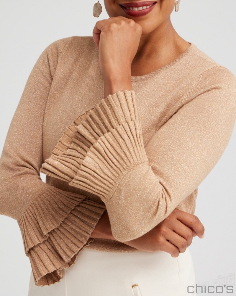 Chico's Lurex Pleat Sleeve Pullover Sweater Sweaters Faux Camel Heather | 796-NQCHMW