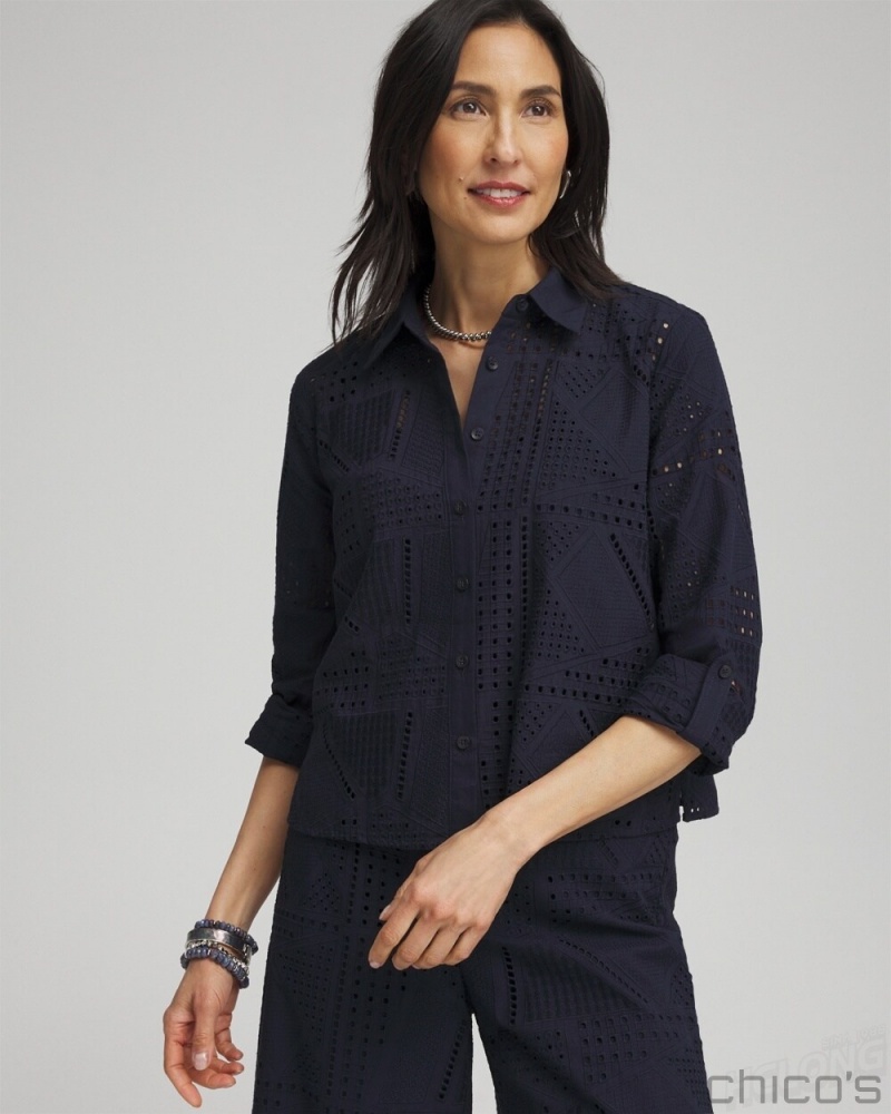 Chico's Mixed Eyelet Cotton Shirt Blouses & Shirts Classic Navy | 012-CMYWXN