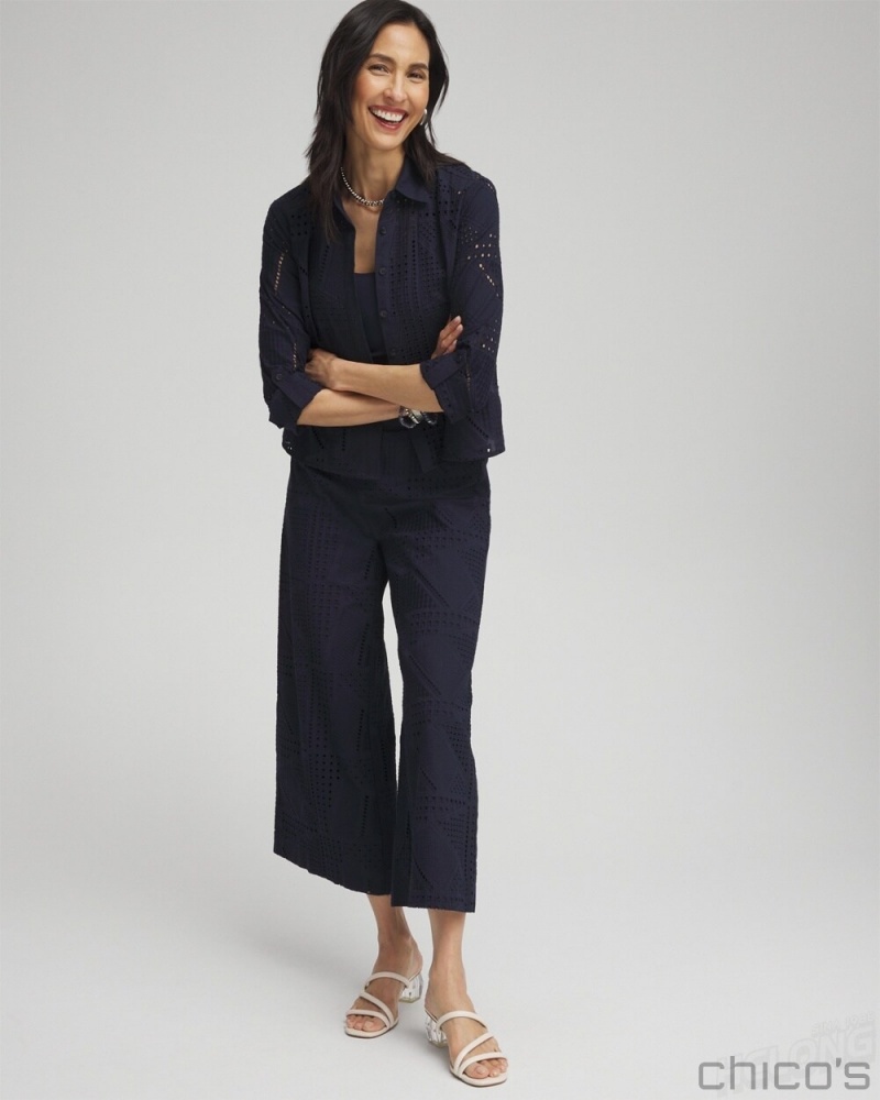 Chico's Mixed Eyelet Cotton Shirt Blouses & Shirts Classic Navy | 012-CMYWXN