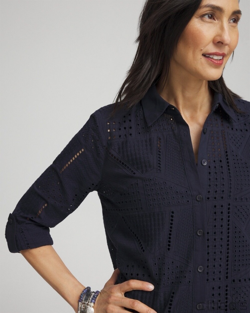 Chico's Mixed Eyelet Cotton Shirt Blouses & Shirts Classic Navy | 012-CMYWXN