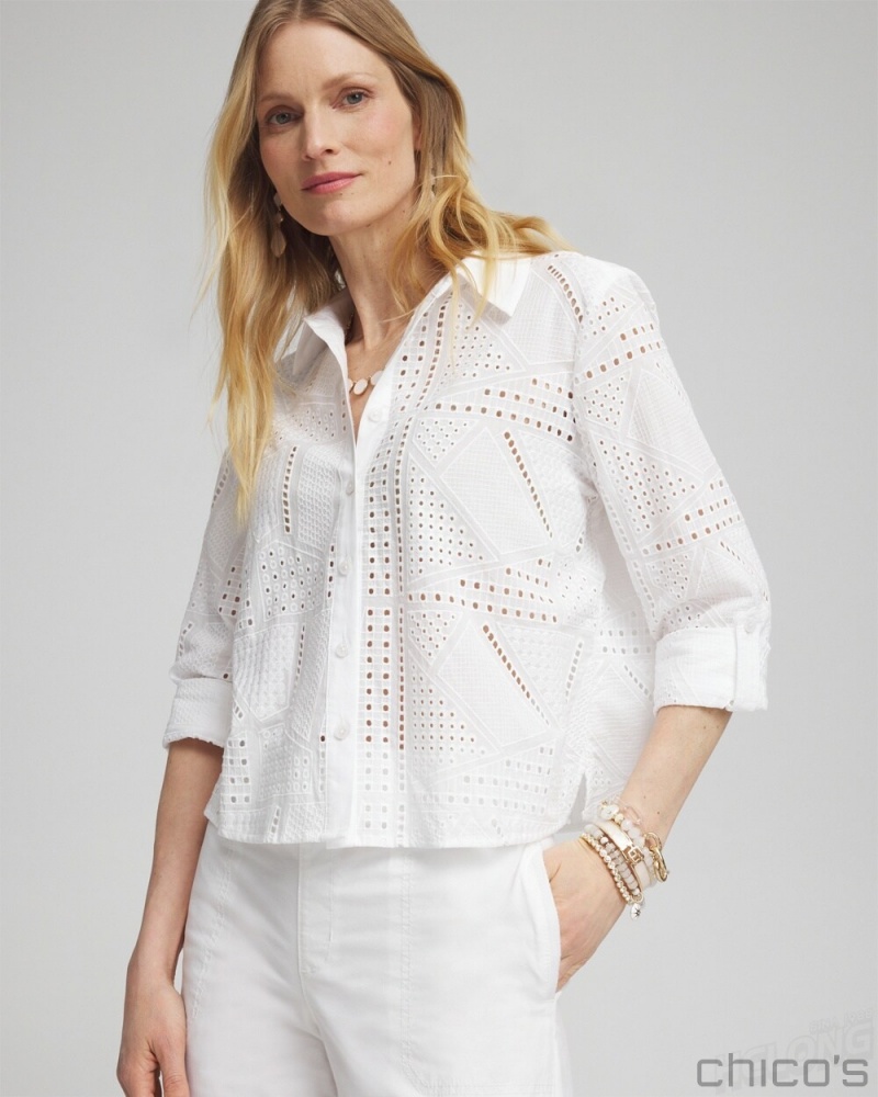 Chico\'s Mixed Eyelet Cotton Shirt Blouses & Shirts Alabaster | 162-XRKDOQ