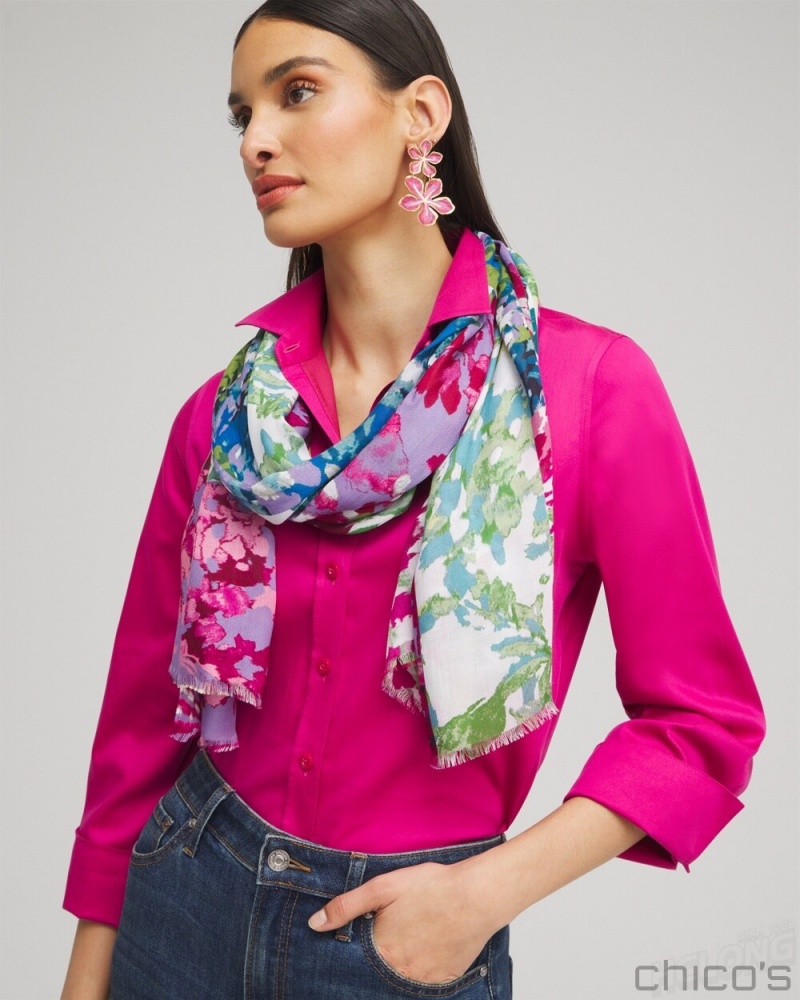 Chico's Mixed Floral Print Oblong Scarf Scarves Magenta Rose | 851-WKVIPG