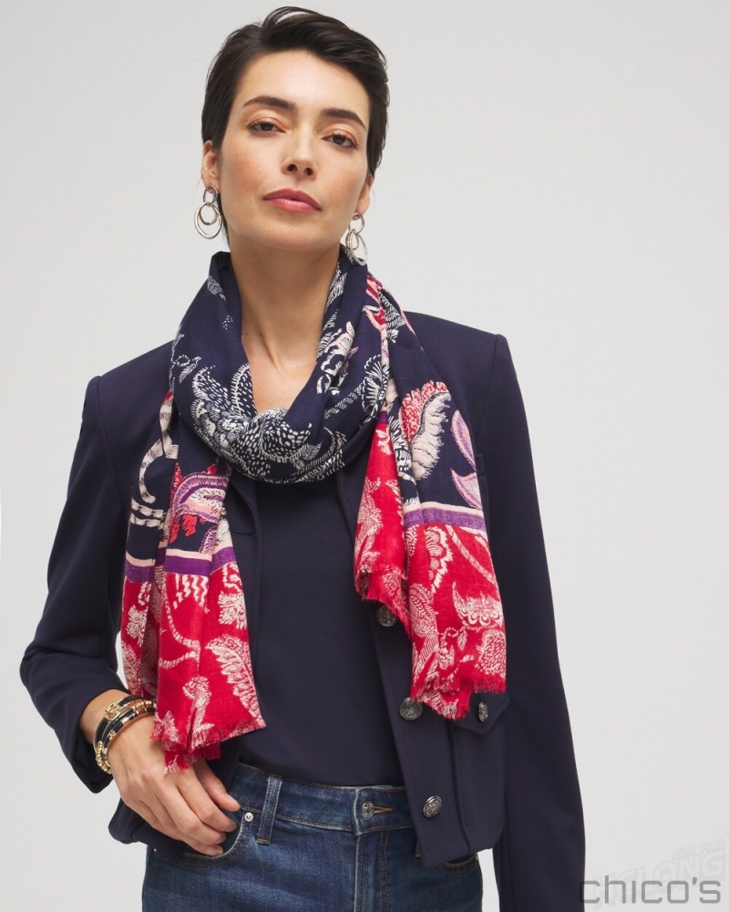 Chico's Mixed Floral Print Oblong Scarf Scarves Classic Navy | 654-DEBJAO