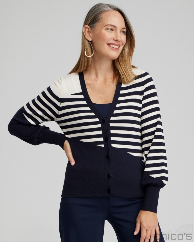 Chico's Mixed Stripe Cardigan Sweaters Classic Navy | 916-JYXIHN