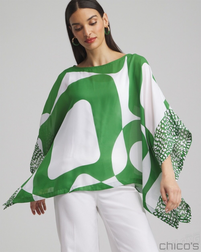 Chico\'s Modern Print Poncho Ponchos & Ruanas Green | 594-LUCMQG