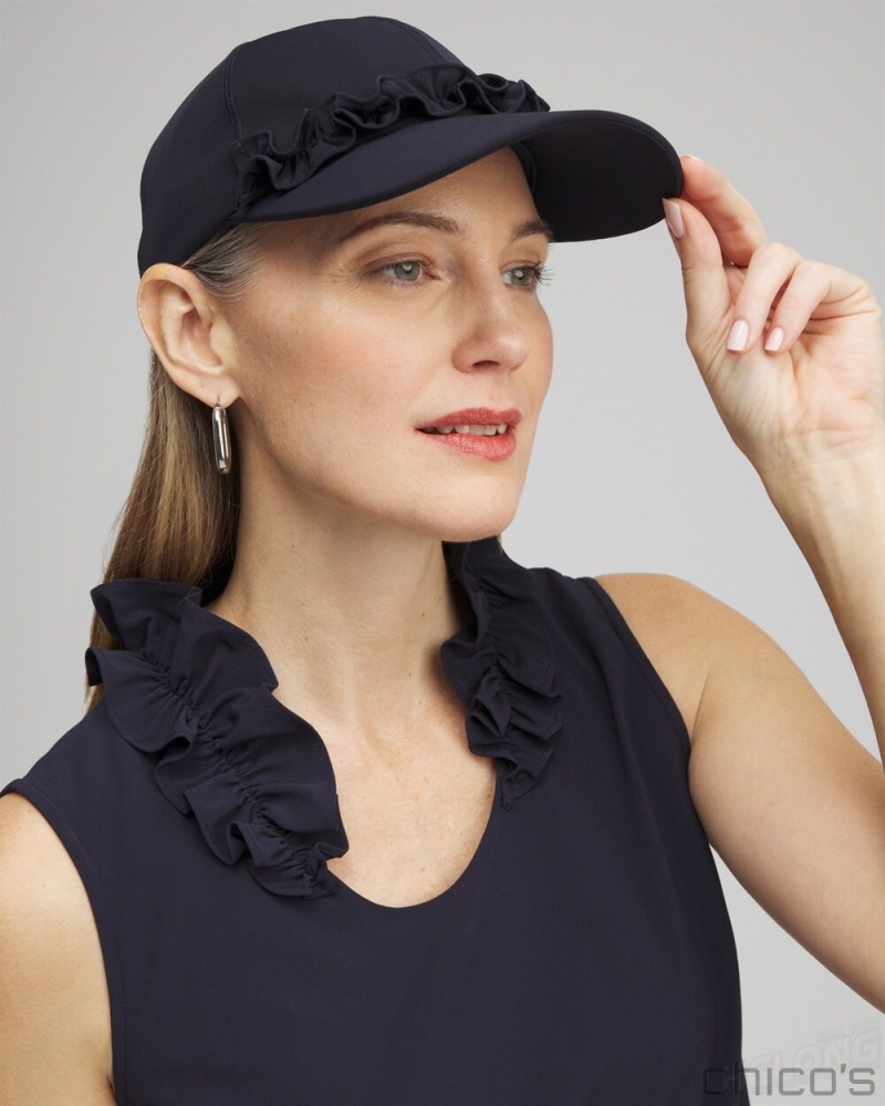 Chico's Neema UPF Ruffle Baseball Cap Hats Classic Navy | 084-YUJNAF