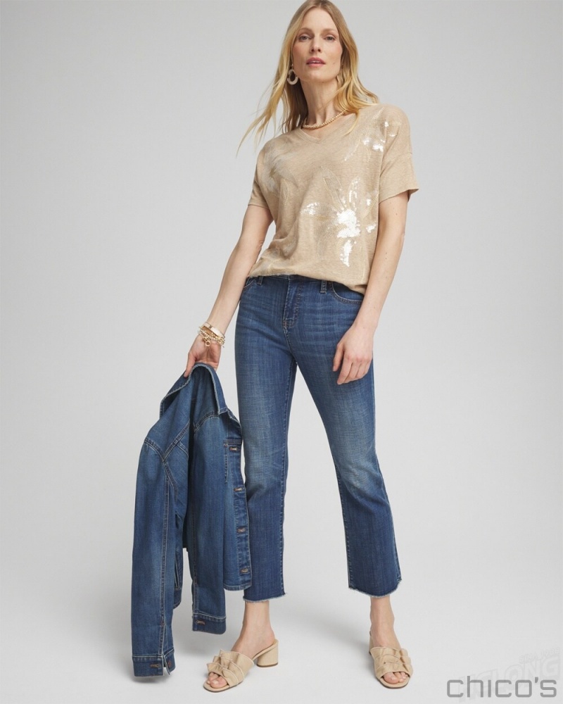 Chico's Neutral Sequin Embellished Tee Tees & Tanks Sycamore | 504-OURJVM