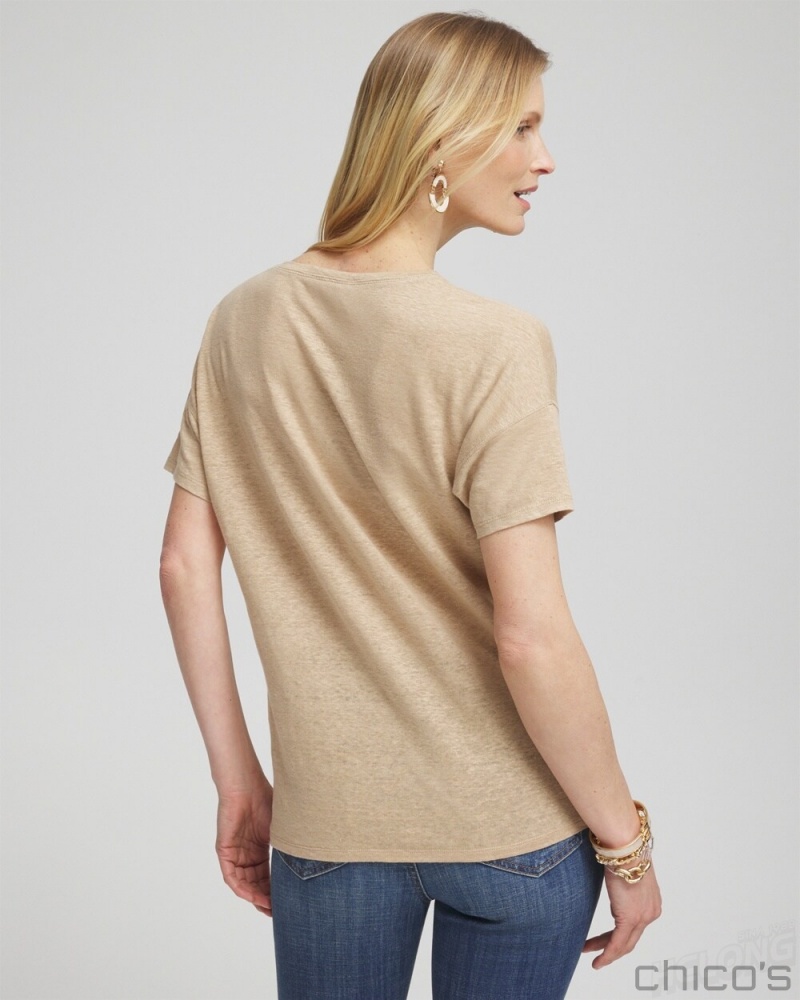 Chico's Neutral Sequin Embellished Tee Tees & Tanks Sycamore | 504-OURJVM