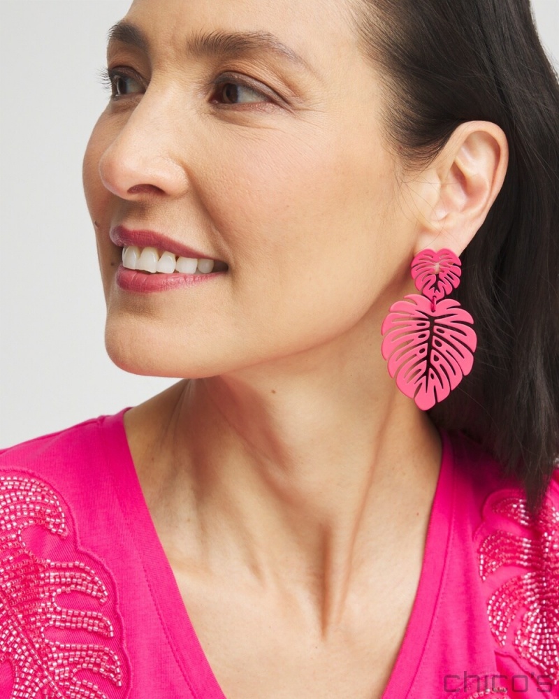 Chico's No Droop Pink Leaf Earrings Earrings PINK BROMELIAD | 670-EOBSVM