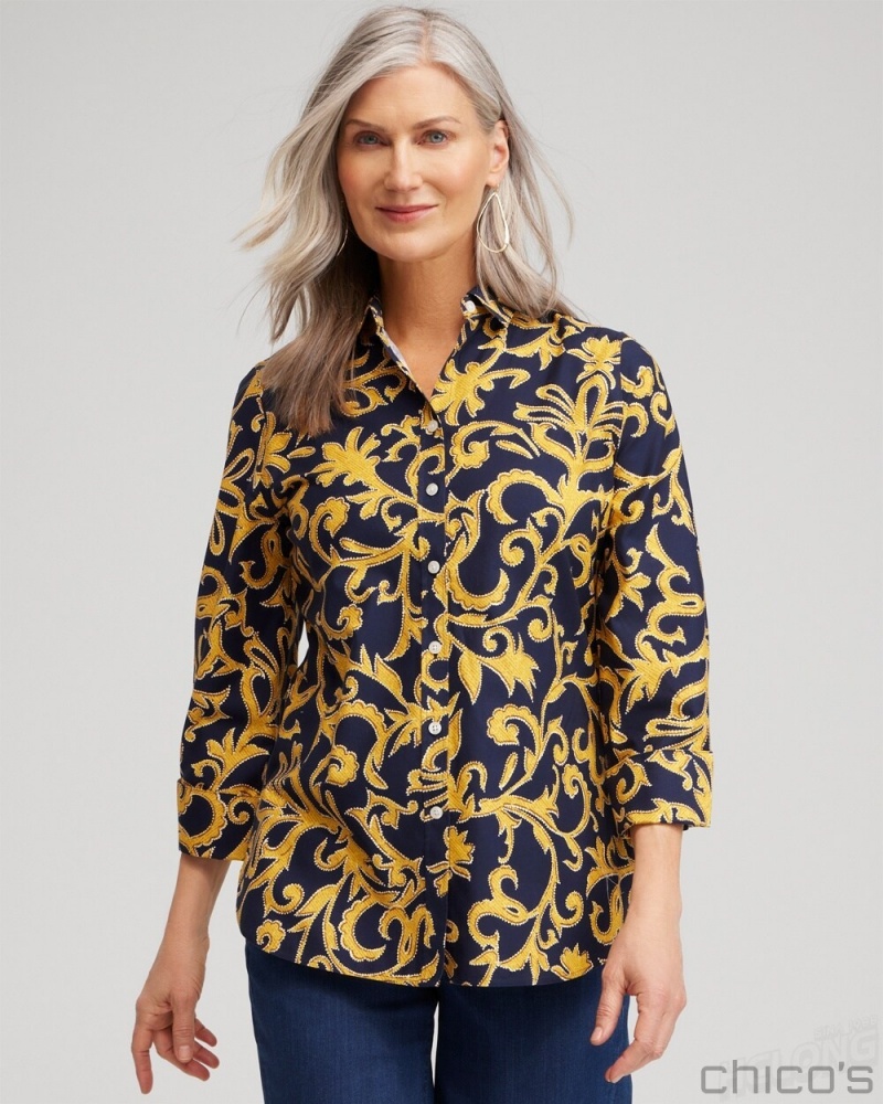 Chico\'s No Iron 3/4 Sleeve Filigree Print Shirt Blouses & Shirts Classic Navy | 647-OMRJTG