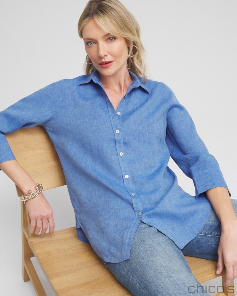 Chico's No Iron Linen 3/4 Sleeve Shirt Blouses & Shirts Indigo | 802-QPNCDE