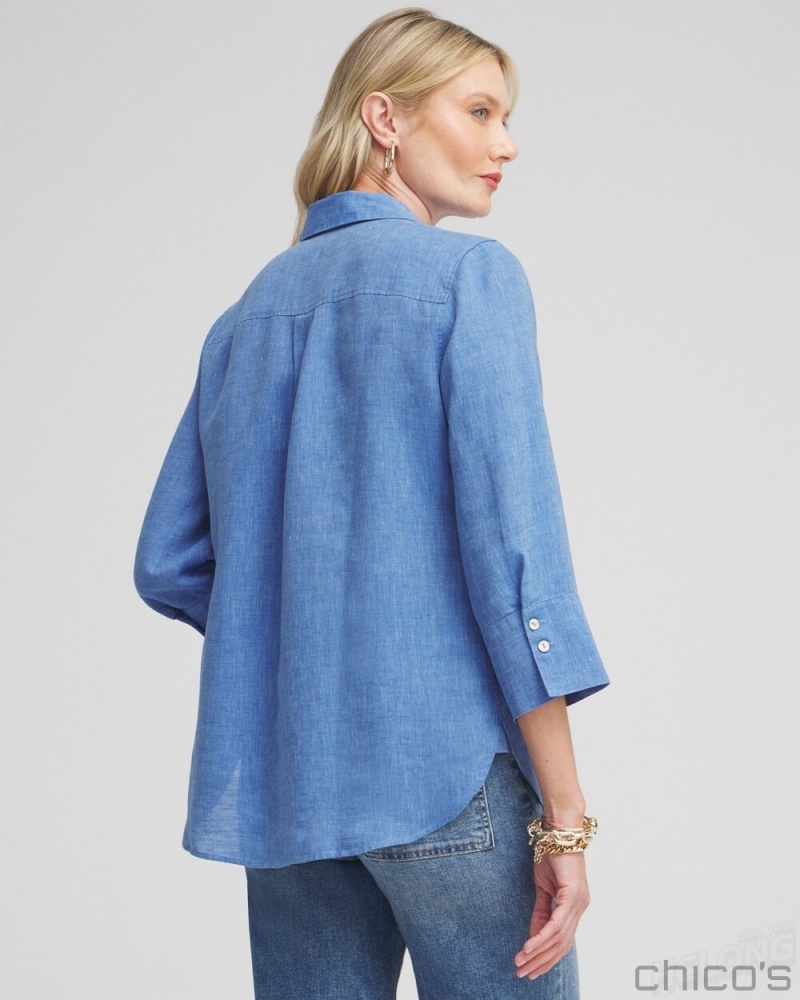 Chico's No Iron Linen 3/4 Sleeve Shirt Blouses & Shirts Indigo | 802-QPNCDE