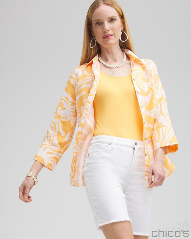 Chico's No Iron Linen Scroll 3/4 Sleeve Shirt Blouses & Shirts Mango Sorbet | 871-MEAURQ