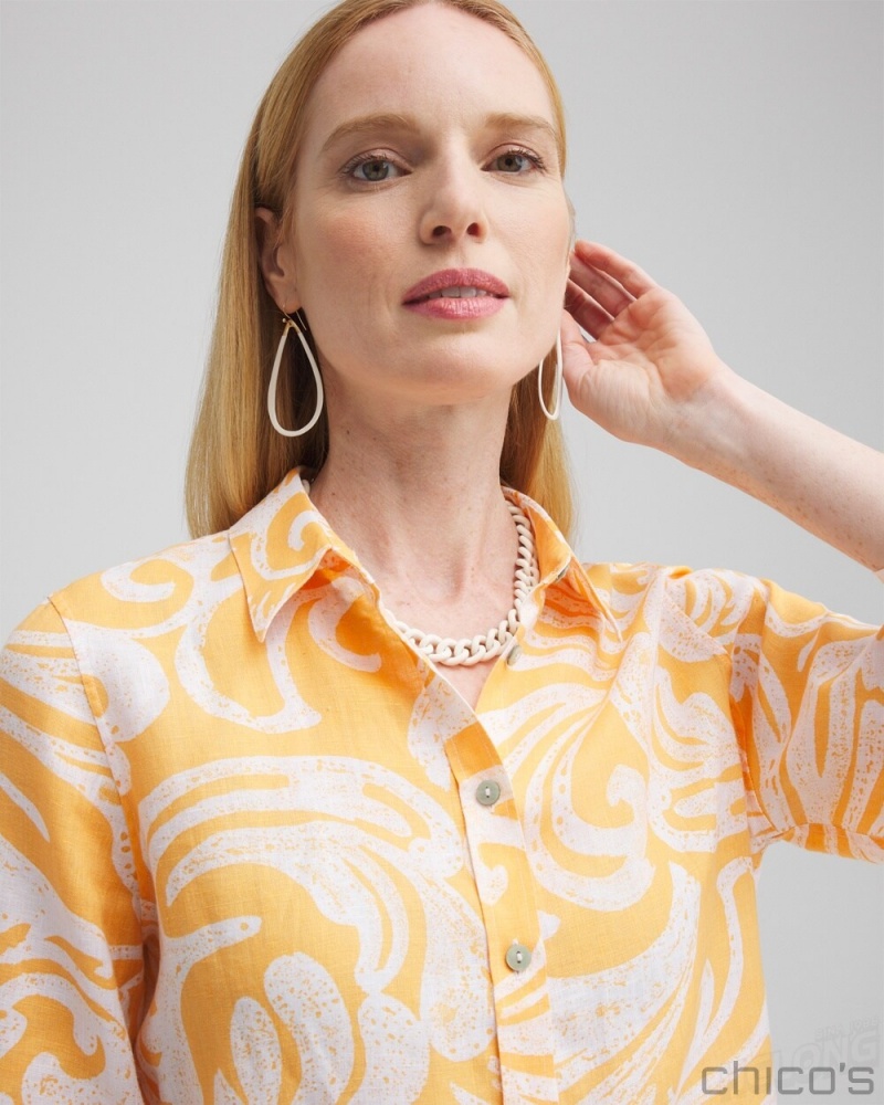 Chico's No Iron Linen Scroll 3/4 Sleeve Shirt Blouses & Shirts Mango Sorbet | 871-MEAURQ