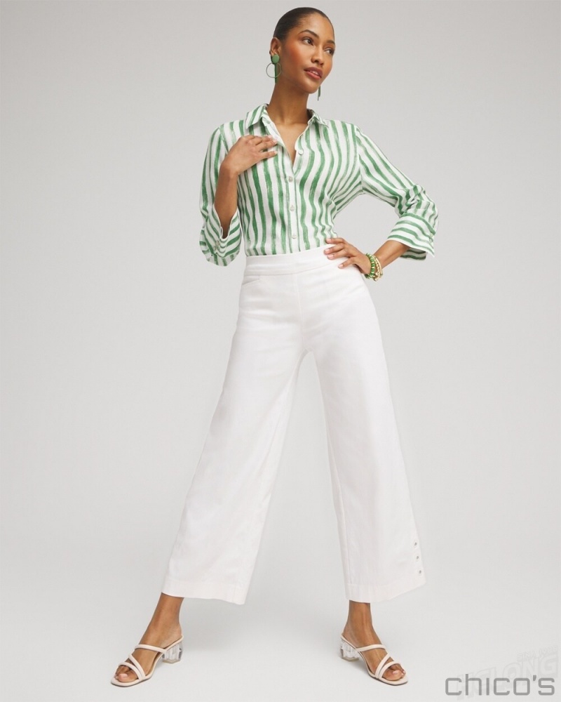 Chico's No Iron Linen Stripe 3/4 Sleeve Shirt Blouses & Shirts Verdant Green | 418-CFOXIE