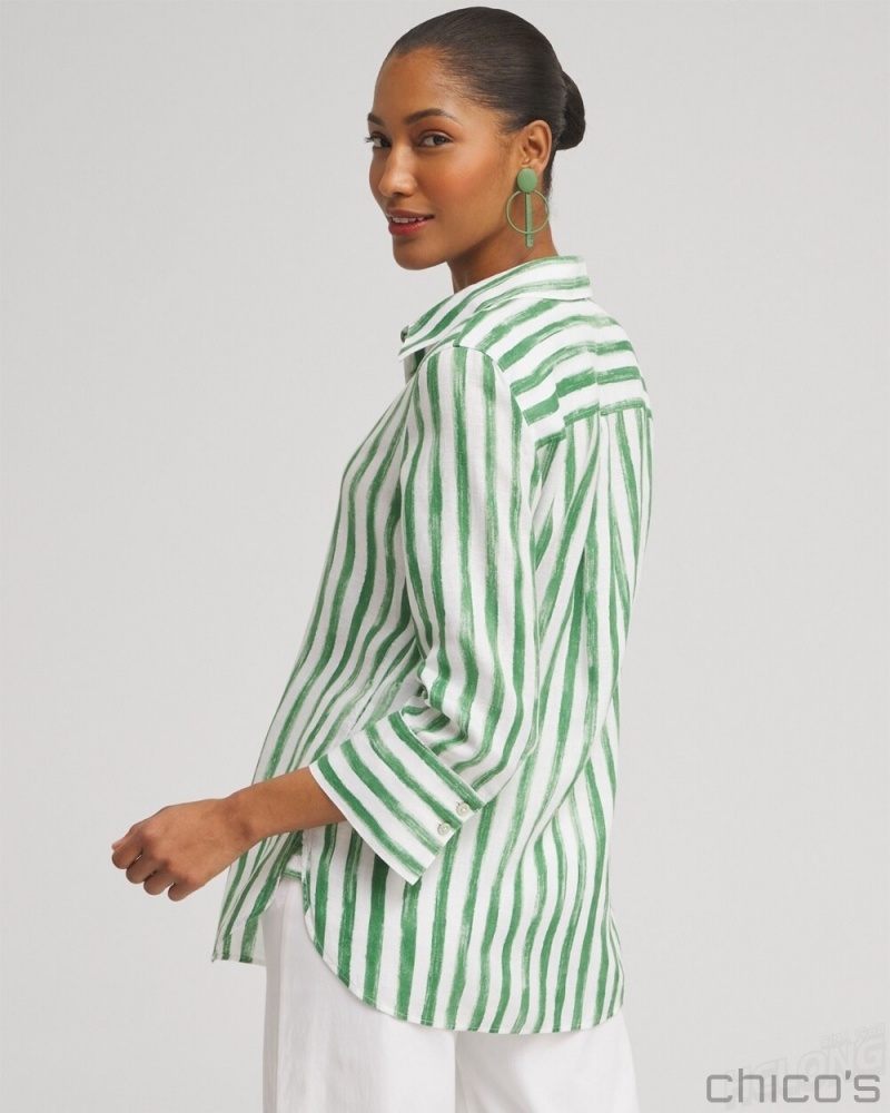 Chico's No Iron Linen Stripe 3/4 Sleeve Shirt Blouses & Shirts Verdant Green | 418-CFOXIE