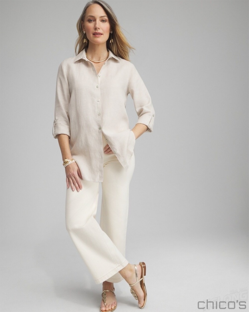 Chico's No Iron Linen Tunic Blouses & Shirts Oatmeal | 925-HQGNBD