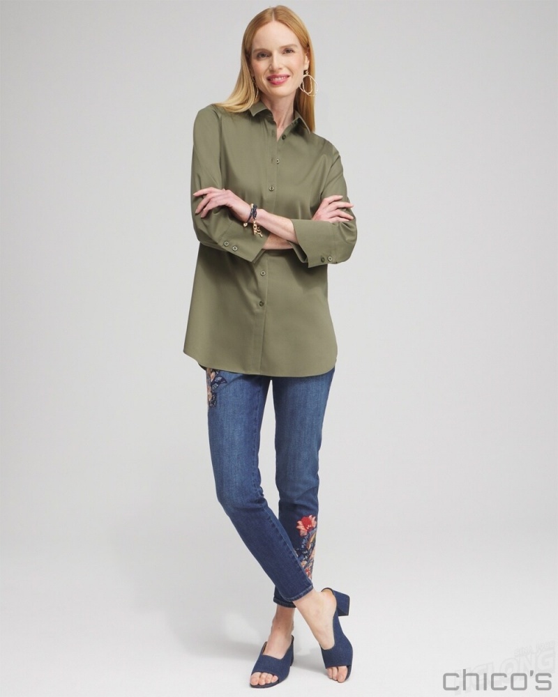 Chico's No Iron Stretch 3/4 Sleeve Tunic Blouses & Shirts Olive | 857-BVXMAL