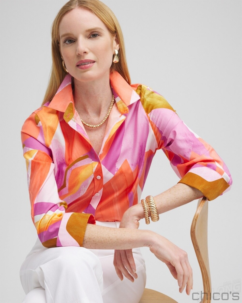 Chico's No Iron Stretch Abstract Mix Shirt Blouses & Shirts Nectarine | 412-DMNZUF