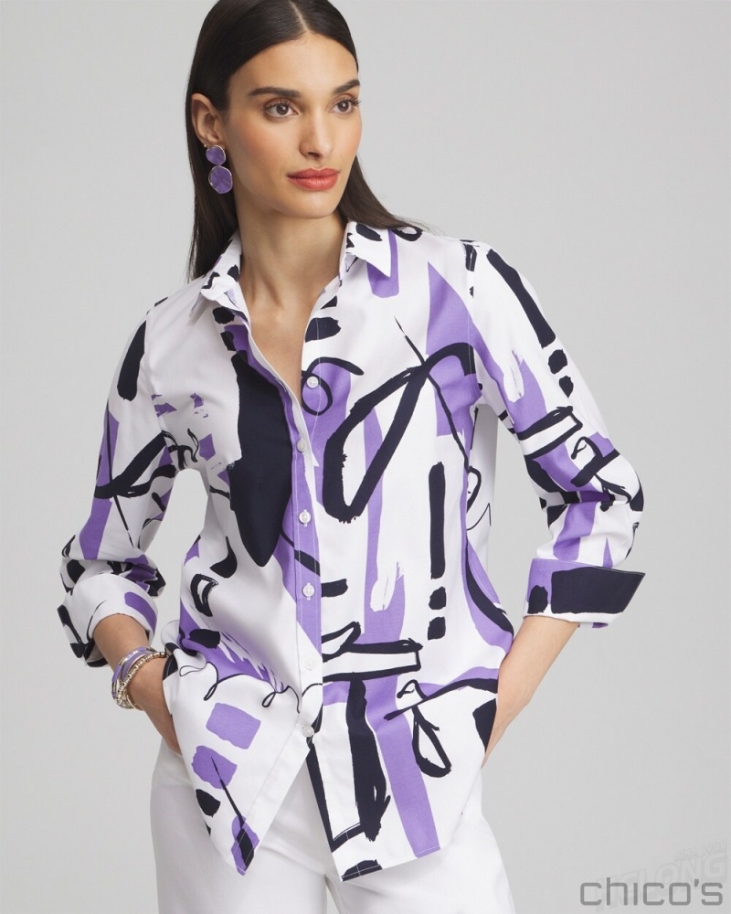 Chico\'s No Iron Stretch Abstract Print 3/4 Sleeve Shirt Blouses & Shirts Parisian Purple | 271-TYHKXL