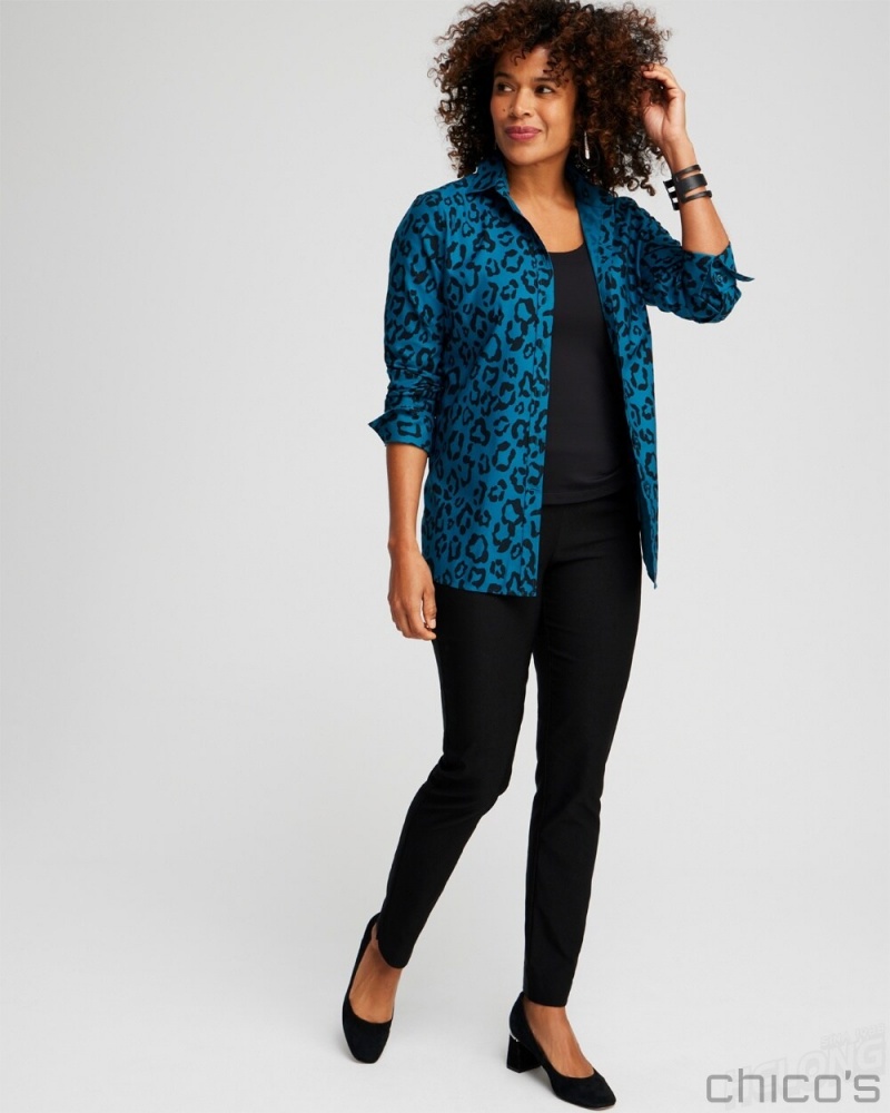 Chico's No Iron Stretch Animal Print Shirt Blouses & Shirts Moonlit Teal | 379-QOWYNU