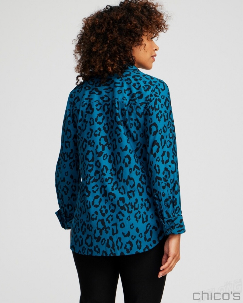 Chico's No Iron Stretch Animal Print Shirt Blouses & Shirts Moonlit Teal | 379-QOWYNU