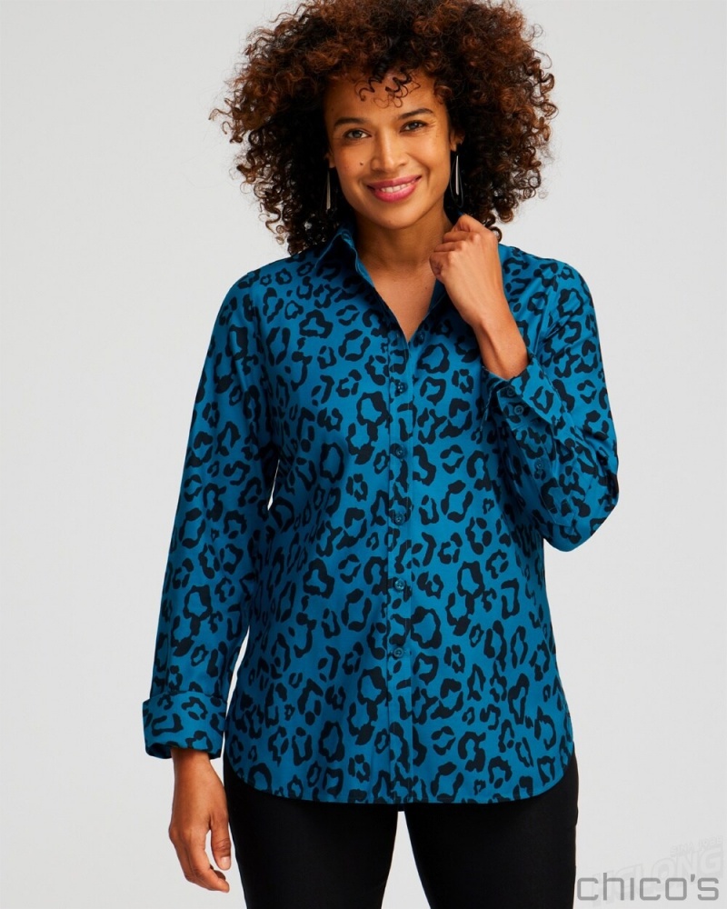 Chico\'s No Iron Stretch Animal Print Shirt Blouses & Shirts Moonlit Teal | 379-QOWYNU