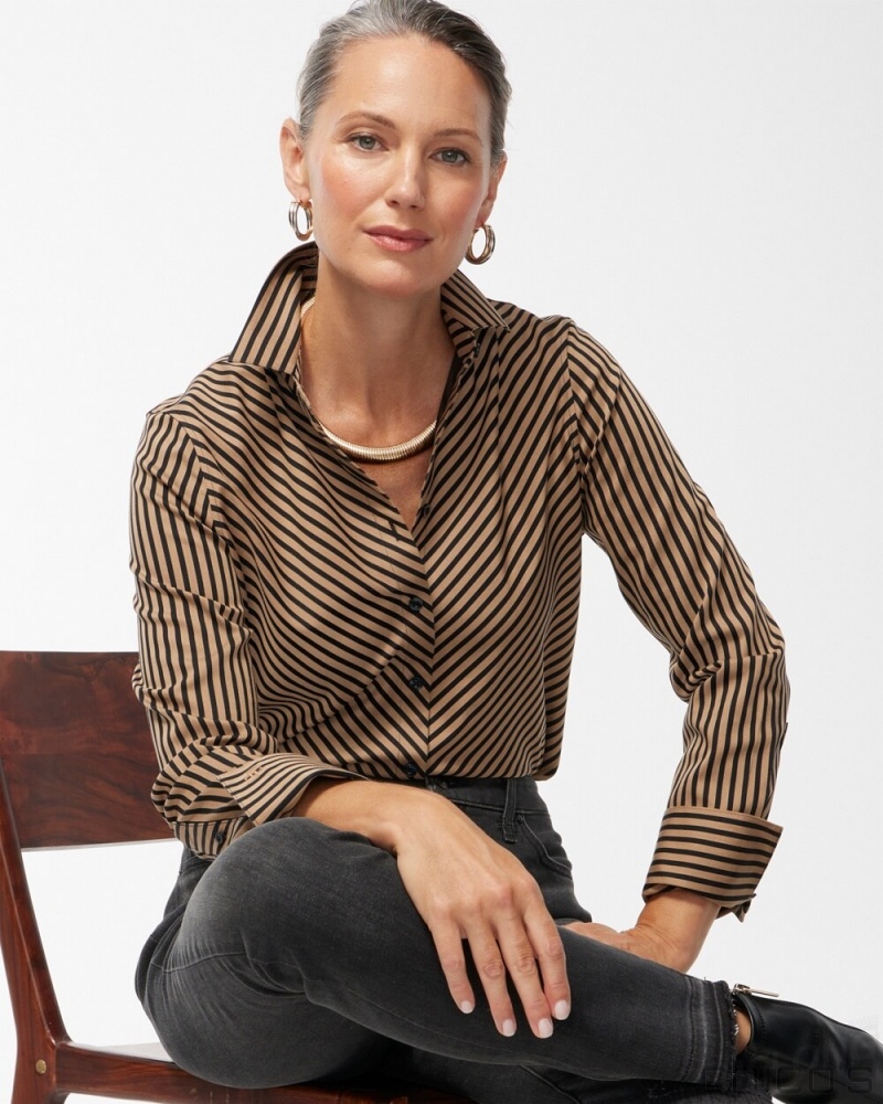 Chico's No Iron Stretch Black Imperial Stripe Shirt Blouses & Shirts Black And Neutral | 706-YJNUHO