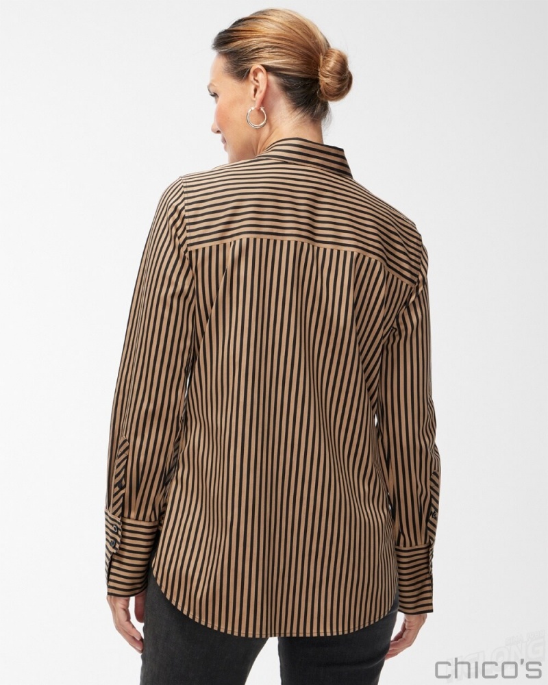 Chico's No Iron Stretch Black Imperial Stripe Shirt Blouses & Shirts Black And Neutral | 706-YJNUHO