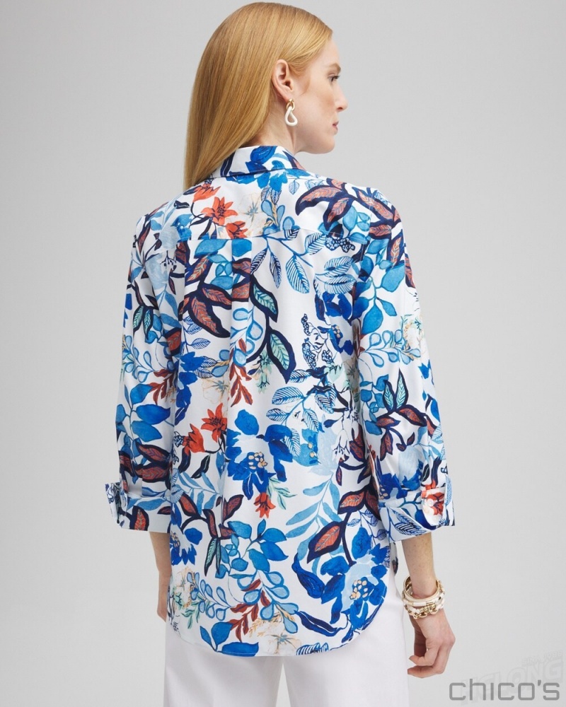 Chico's No Iron Stretch Cool Floral Shirt Blouses & Shirts Intense Azure | 135-NECDSR