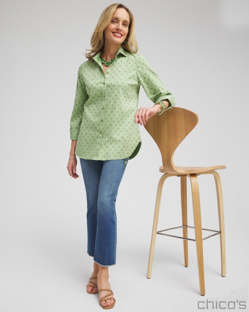 Chico's No Iron Stretch Dot Print 3/4 Sleeve Shirt Blouses & Shirts Verdant Green | 184-EHNBVP