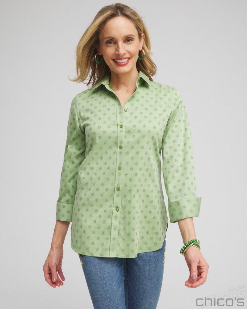 Chico\'s No Iron Stretch Dot Print 3/4 Sleeve Shirt Blouses & Shirts Verdant Green | 184-EHNBVP