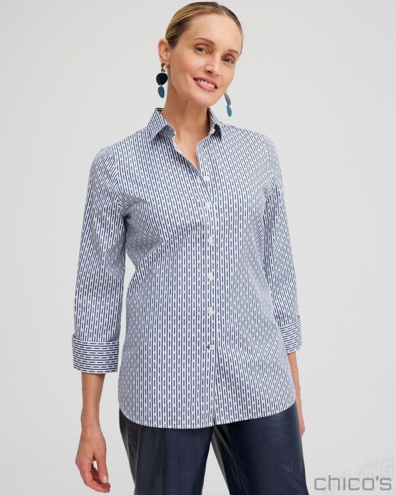 Chico's No Iron Stretch Dot Stripe Shirt Blouses & Shirts Azores Blue | 041-DFAILZ