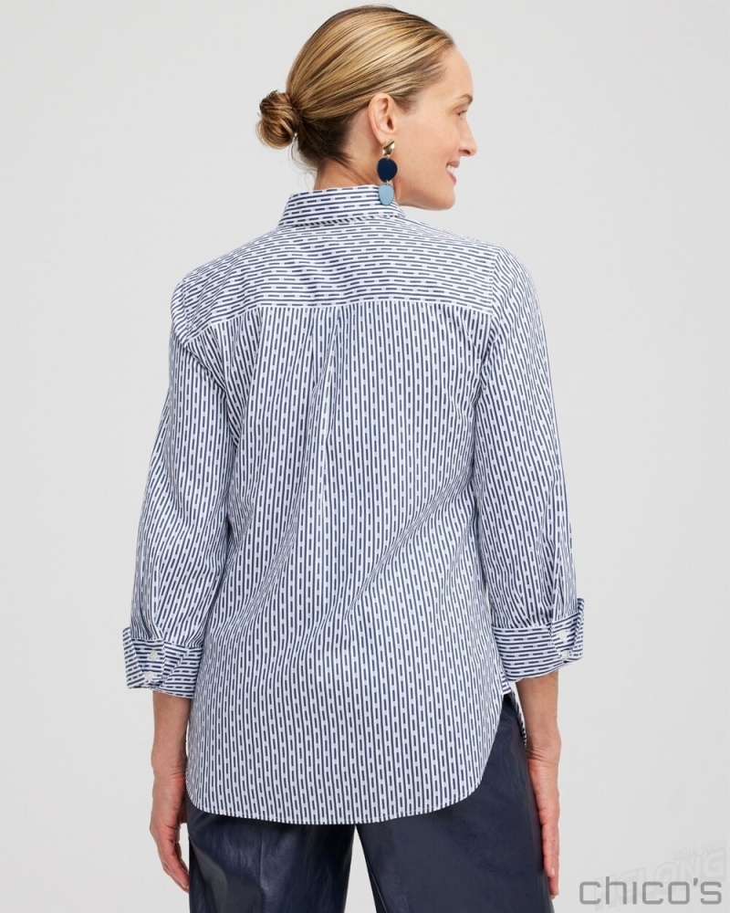 Chico's No Iron Stretch Dot Stripe Shirt Blouses & Shirts Azores Blue | 041-DFAILZ