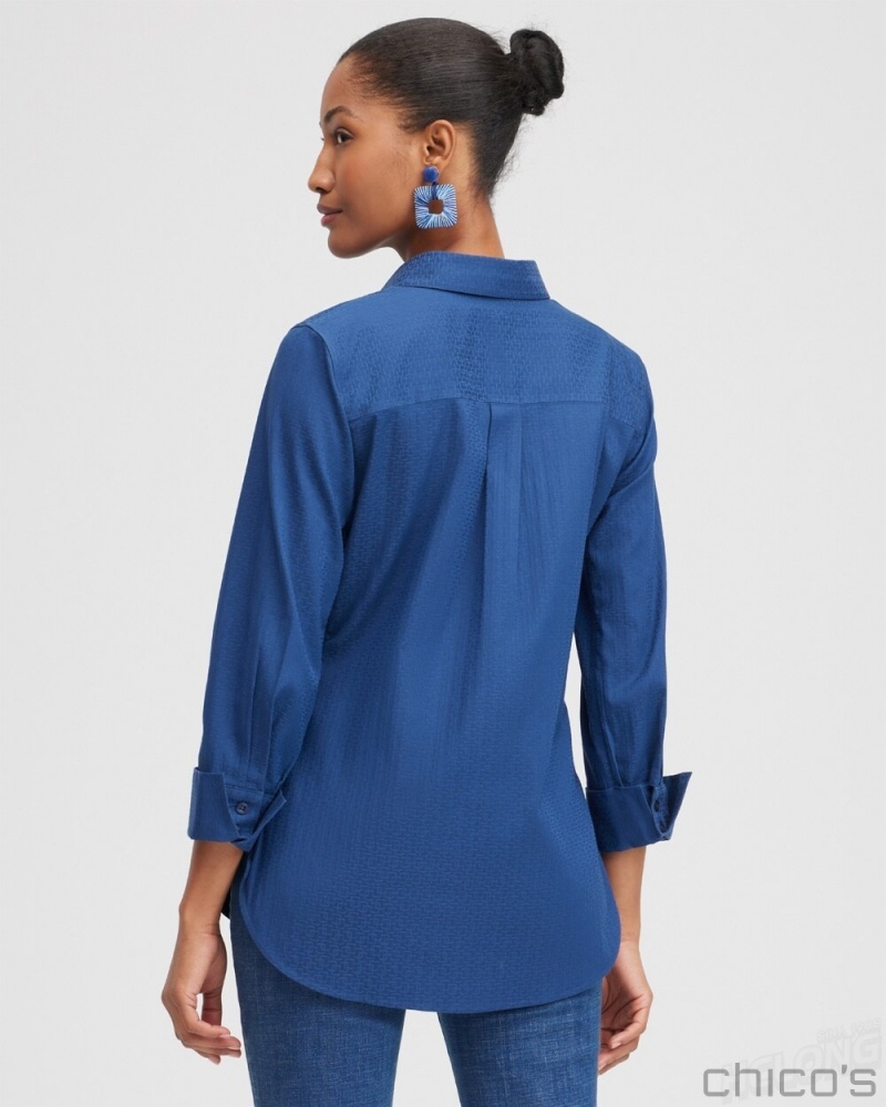 Chico's No Iron Stretch Double CC Shirt Blouses & Shirts Azores Blue | 913-SERKCI