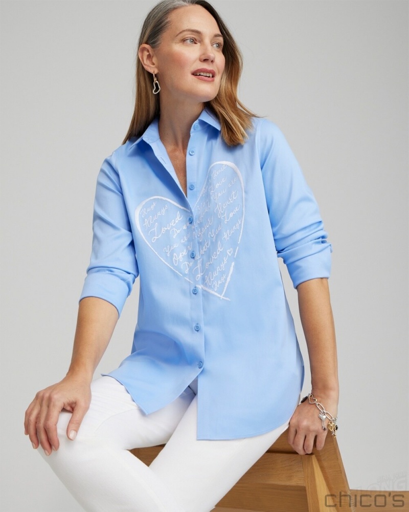 Chico's No Iron Stretch Embroidered Heart Shirt Blouses & Shirts Blue Veil | 047-ZSEYRJ