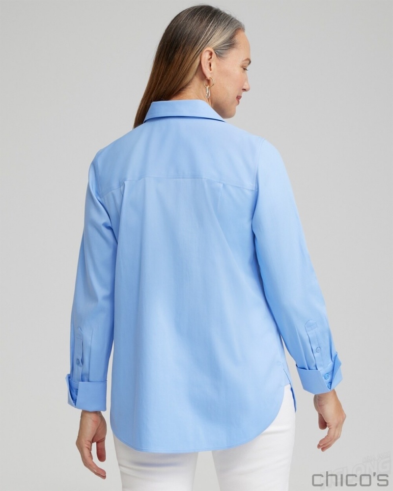 Chico's No Iron Stretch Embroidered Heart Shirt Blouses & Shirts Blue Veil | 047-ZSEYRJ