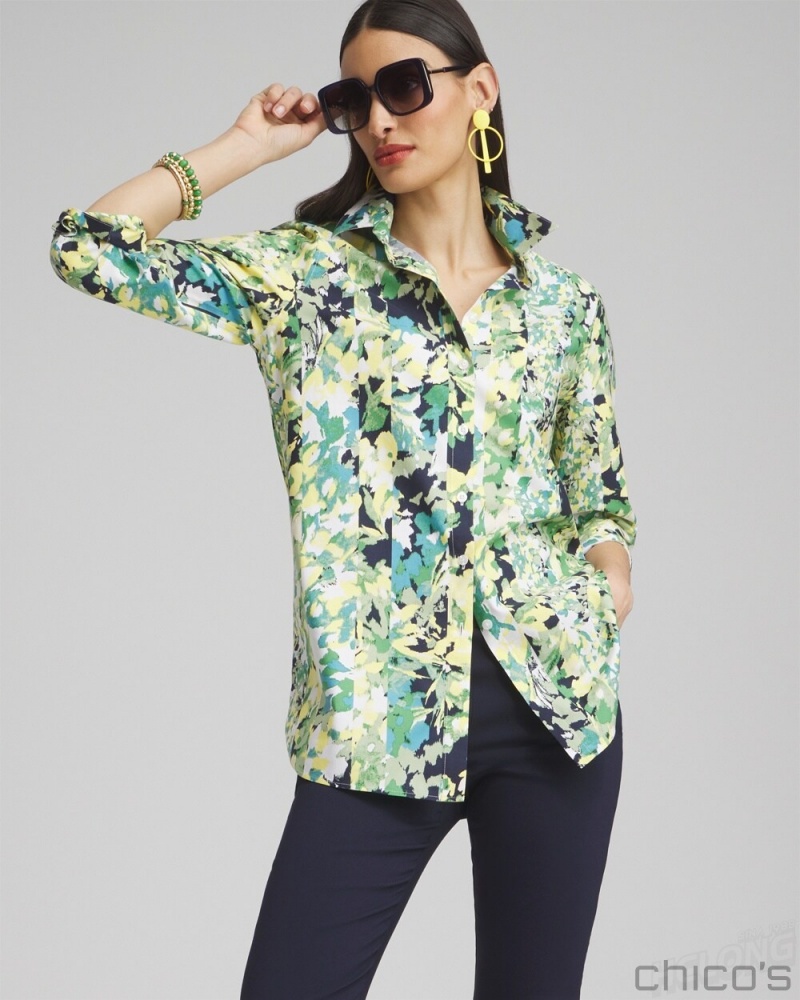 Chico's No Iron Stretch Floral 3/4 Sleeve Tunic Blouses & Shirts Verdant Green | 874-ATXDBE