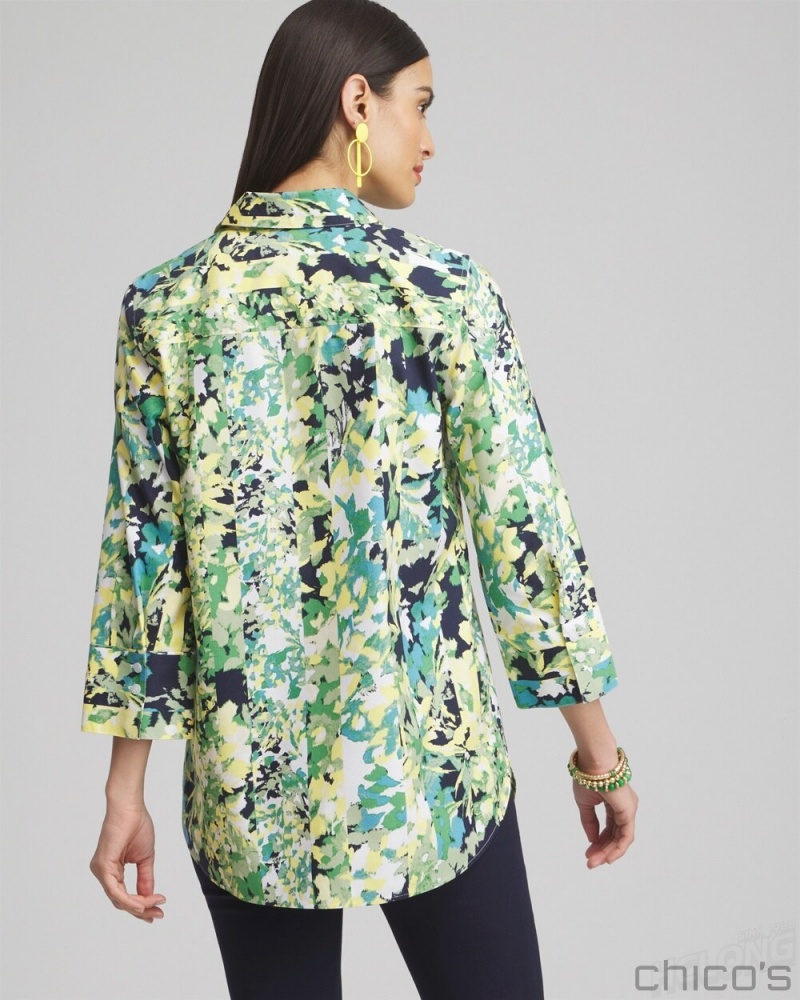 Chico's No Iron Stretch Floral 3/4 Sleeve Tunic Blouses & Shirts Verdant Green | 874-ATXDBE