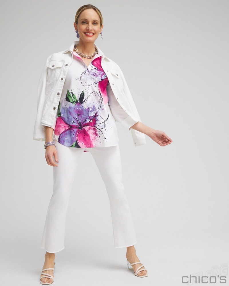 Chico's No Iron Stretch Floral 3/4 Sleeve Shirt Blouses & Shirts Optic White | 318-EWMADJ