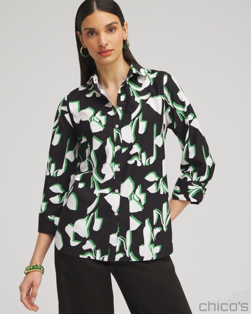 Chico's No Iron Stretch Floral 3/4 Sleeve Shirt Blouses & Shirts Verdant Green | 387-GCMQJE