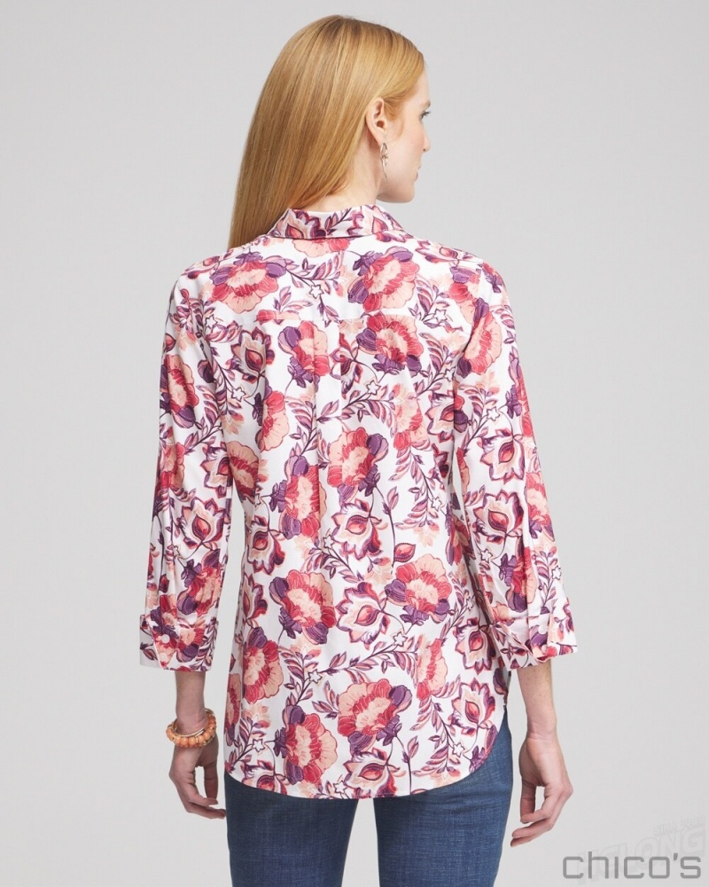 Chico's No Iron Stretch Floral Shirt Blouses & Shirts Optic White | 413-YSQTWO